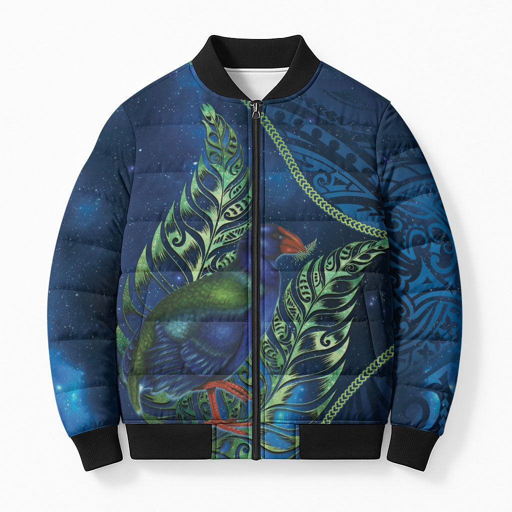 New Zealand Takahe Personalised Bomber Puffer Jacket Silver Fern Galaxy Polynesian Pattern LT22 Unisex Blue - Polynesian Pride