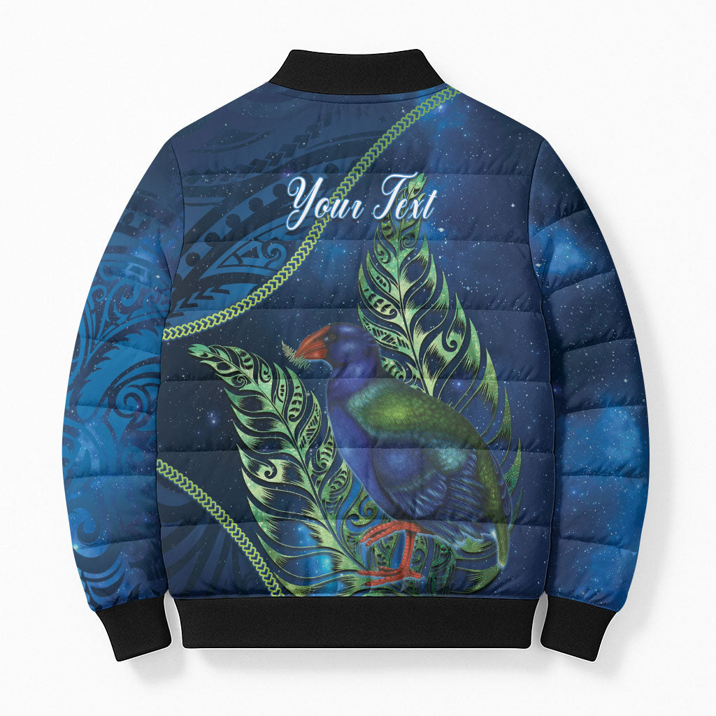 New Zealand Takahe Personalised Bomber Puffer Jacket Silver Fern Galaxy Polynesian Pattern LT22 - Polynesian Pride