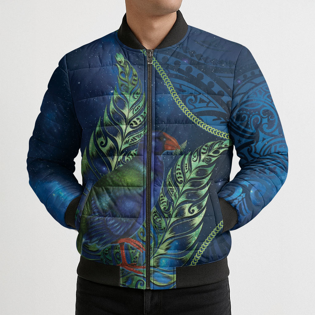 New Zealand Takahe Personalised Bomber Puffer Jacket Silver Fern Galaxy Polynesian Pattern LT22 - Polynesian Pride