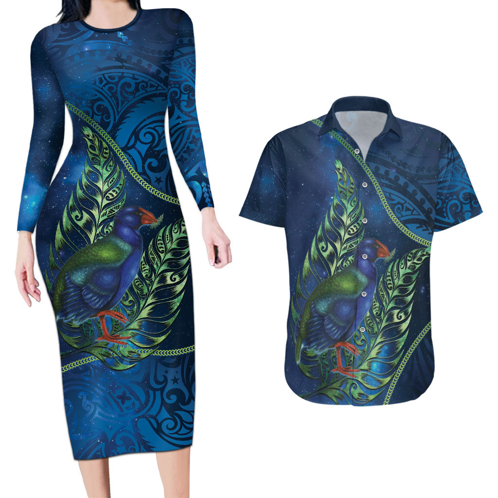 New Zealand Takahe Personalised Couples Matching Long Sleeve Bodycon Dress and Hawaiian Shirt Silver Fern Galaxy Polynesian Pattern LT22 Blue - Polynesian Pride
