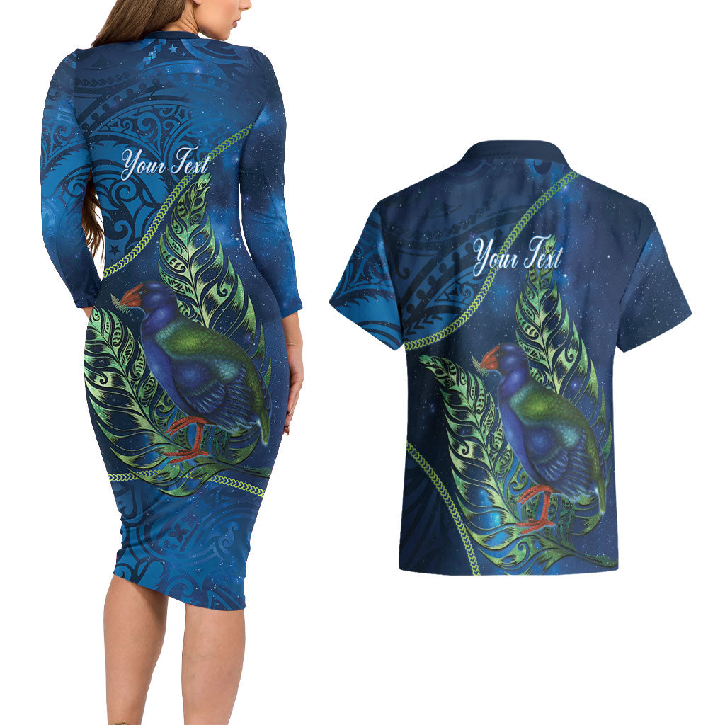 New Zealand Takahe Personalised Couples Matching Long Sleeve Bodycon Dress and Hawaiian Shirt Silver Fern Galaxy Polynesian Pattern LT22 - Polynesian Pride