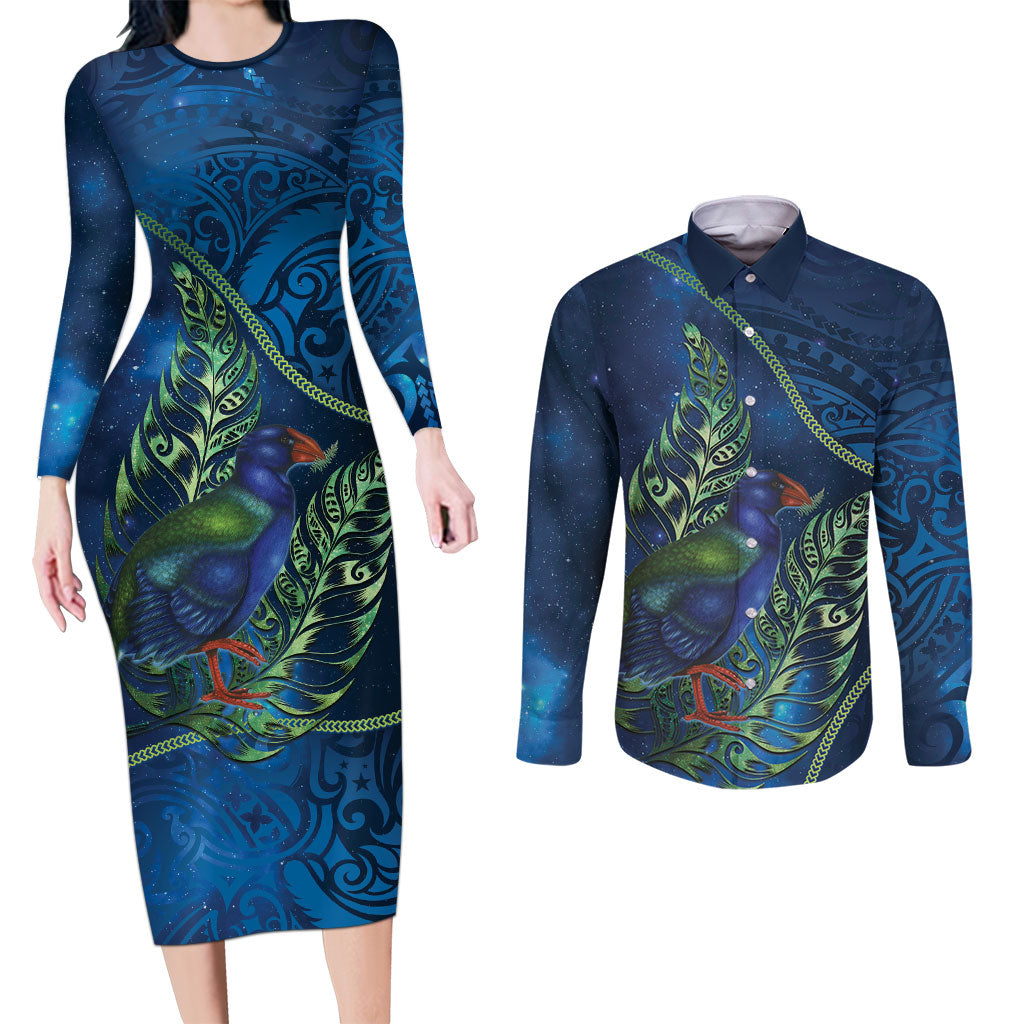 New Zealand Takahe Personalised Couples Matching Long Sleeve Bodycon Dress and Long Sleeve Button Shirt Silver Fern Galaxy Polynesian Pattern LT22 Blue - Polynesian Pride