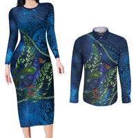 New Zealand Takahe Personalised Couples Matching Long Sleeve Bodycon Dress and Long Sleeve Button Shirt Silver Fern Galaxy Polynesian Pattern LT22 Blue - Polynesian Pride
