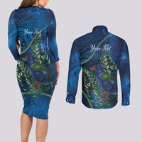 New Zealand Takahe Personalised Couples Matching Long Sleeve Bodycon Dress and Long Sleeve Button Shirt Silver Fern Galaxy Polynesian Pattern LT22 - Polynesian Pride