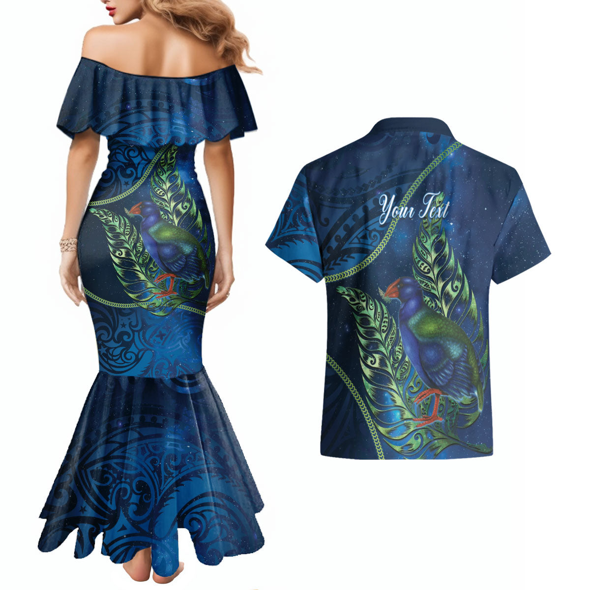 New Zealand Takahe Personalised Couples Matching Mermaid Dress and Hawaiian Shirt Silver Fern Galaxy Polynesian Pattern LT22 - Polynesian Pride