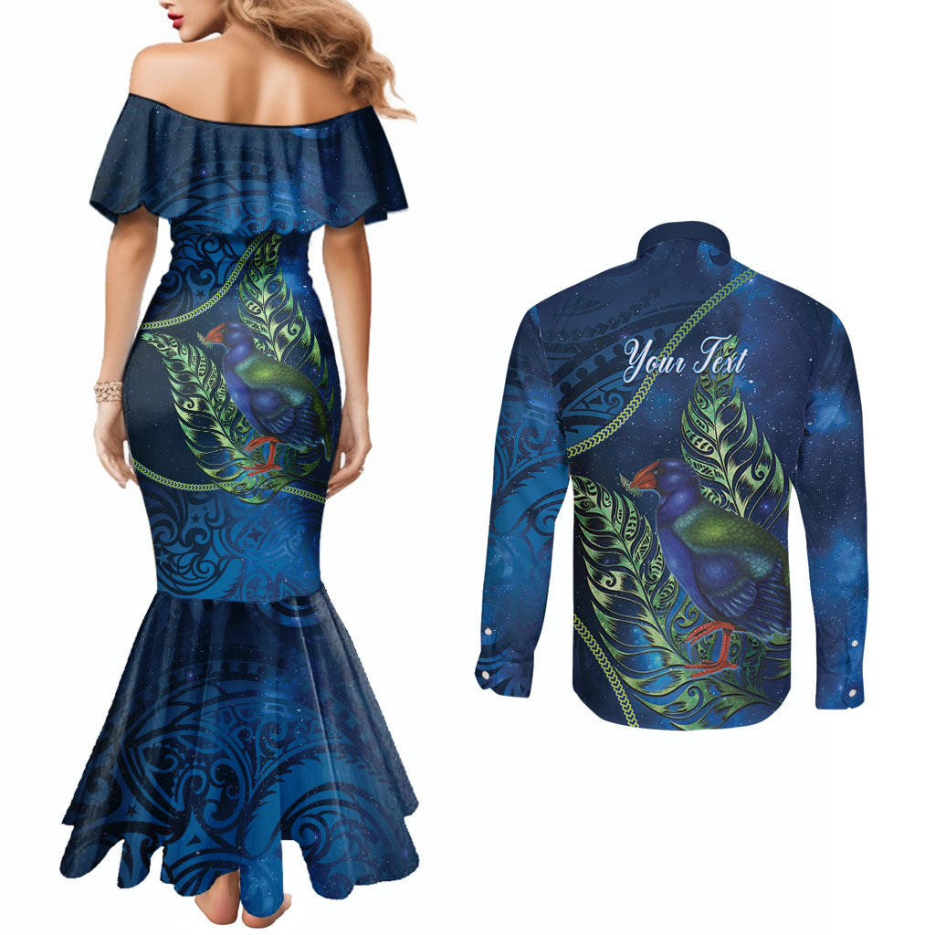 New Zealand Takahe Personalised Couples Matching Mermaid Dress and Long Sleeve Button Shirt Silver Fern Galaxy Polynesian Pattern LT22 - Polynesian Pride