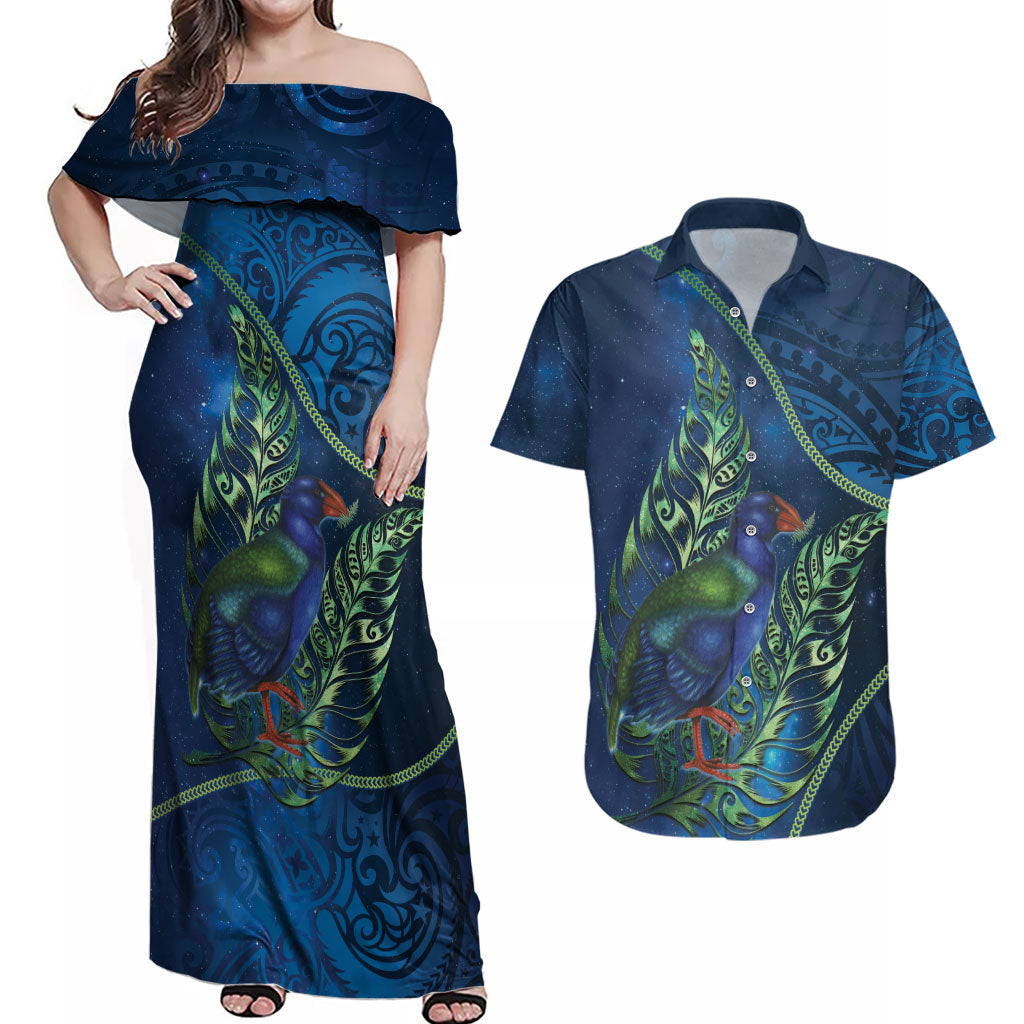 New Zealand Takahe Personalised Couples Matching Off Shoulder Maxi Dress and Hawaiian Shirt Silver Fern Galaxy Polynesian Pattern LT22 Blue - Polynesian Pride