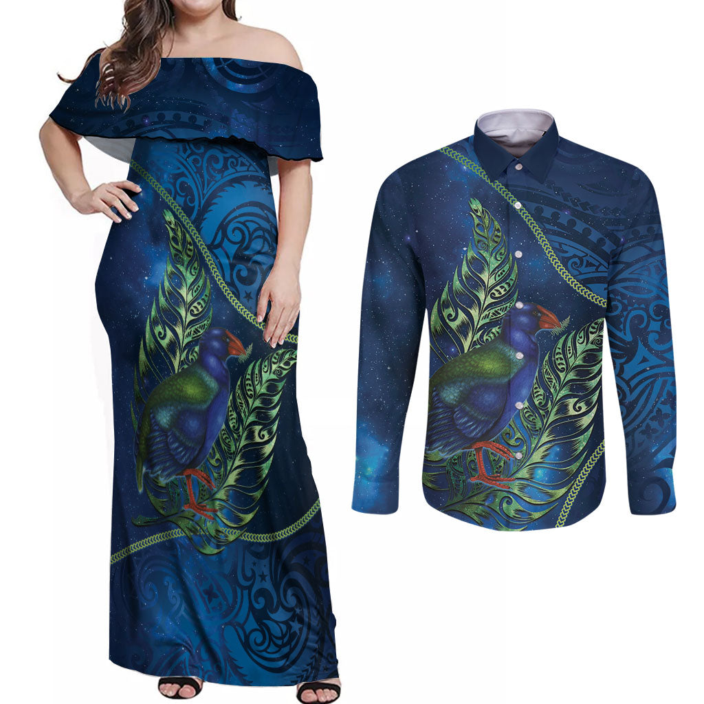 New Zealand Takahe Personalised Couples Matching Off Shoulder Maxi Dress and Long Sleeve Button Shirt Silver Fern Galaxy Polynesian Pattern LT22 Blue - Polynesian Pride