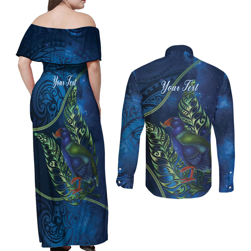 New Zealand Takahe Personalised Couples Matching Off Shoulder Maxi Dress and Long Sleeve Button Shirt Silver Fern Galaxy Polynesian Pattern LT22 - Polynesian Pride