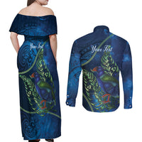 New Zealand Takahe Personalised Couples Matching Off Shoulder Maxi Dress and Long Sleeve Button Shirt Silver Fern Galaxy Polynesian Pattern LT22 - Polynesian Pride