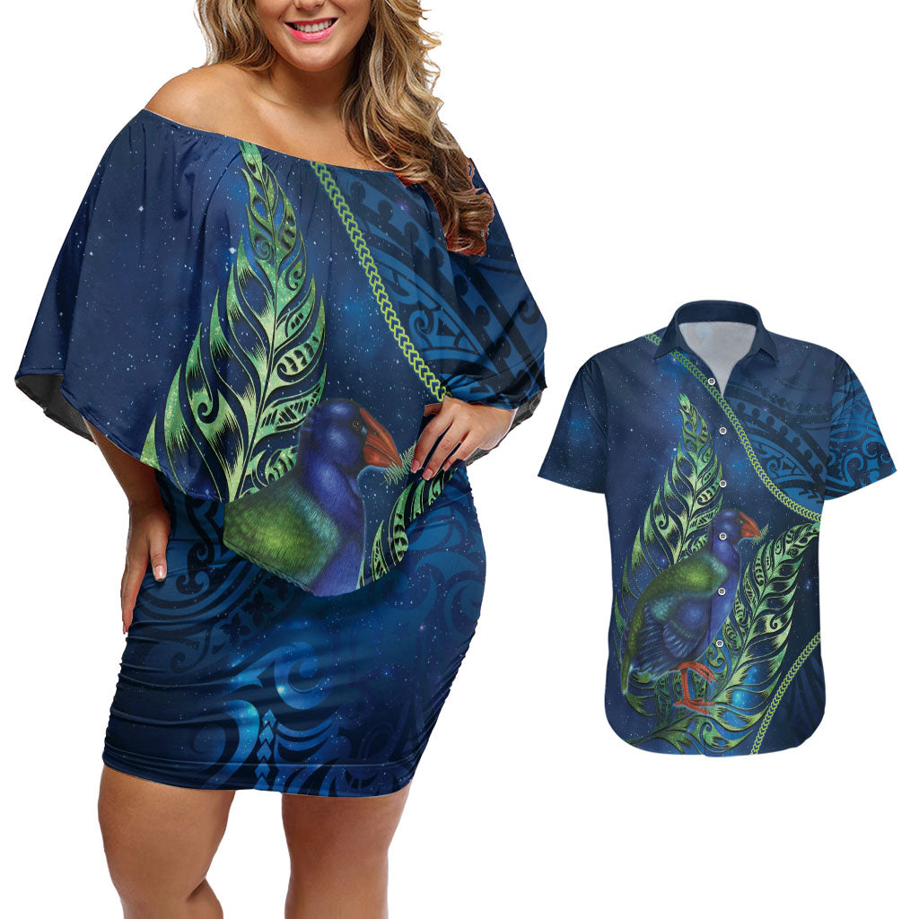 New Zealand Takahe Personalised Couples Matching Off Shoulder Short Dress and Hawaiian Shirt Silver Fern Galaxy Polynesian Pattern LT22 Blue - Polynesian Pride