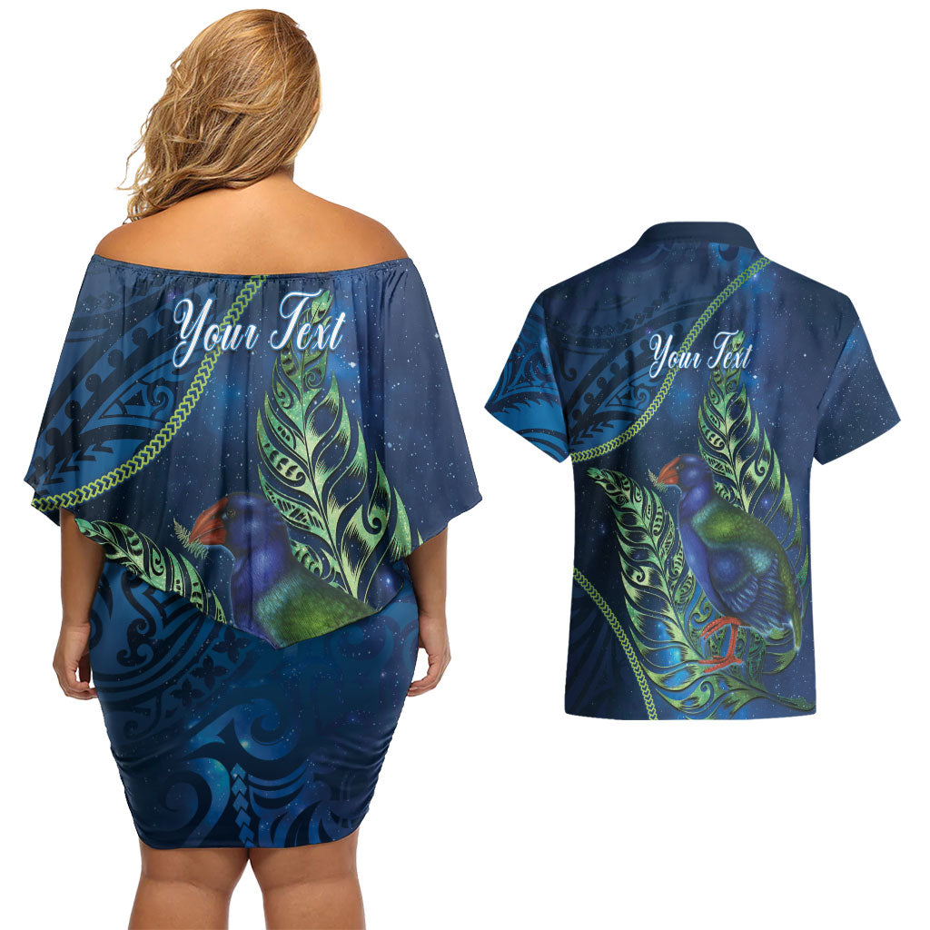New Zealand Takahe Personalised Couples Matching Off Shoulder Short Dress and Hawaiian Shirt Silver Fern Galaxy Polynesian Pattern LT22 - Polynesian Pride