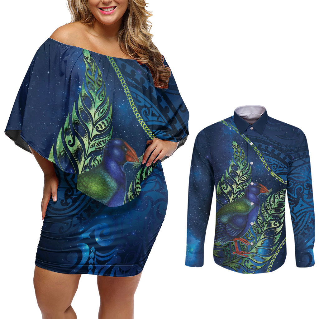 New Zealand Takahe Personalised Couples Matching Off Shoulder Short Dress and Long Sleeve Button Shirt Silver Fern Galaxy Polynesian Pattern LT22 Blue - Polynesian Pride