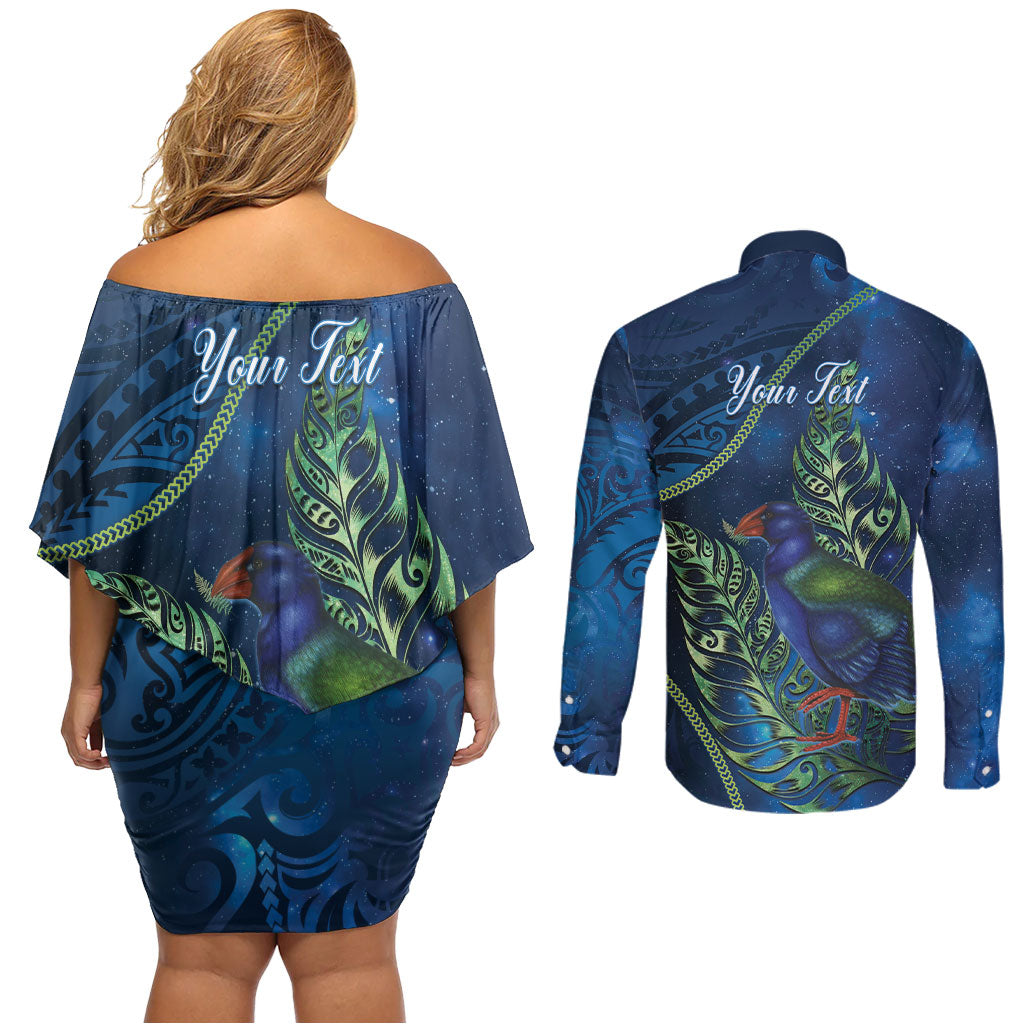 New Zealand Takahe Personalised Couples Matching Off Shoulder Short Dress and Long Sleeve Button Shirt Silver Fern Galaxy Polynesian Pattern LT22 - Polynesian Pride