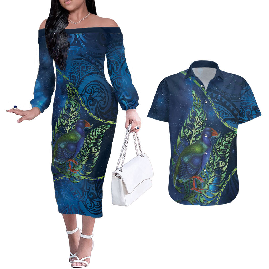 New Zealand Takahe Personalised Couples Matching Off The Shoulder Long Sleeve Dress and Hawaiian Shirt Silver Fern Galaxy Polynesian Pattern