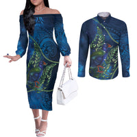 New Zealand Takahe Personalised Couples Matching Off The Shoulder Long Sleeve Dress and Long Sleeve Button Shirt Silver Fern Galaxy Polynesian Pattern LT22 Blue - Polynesian Pride