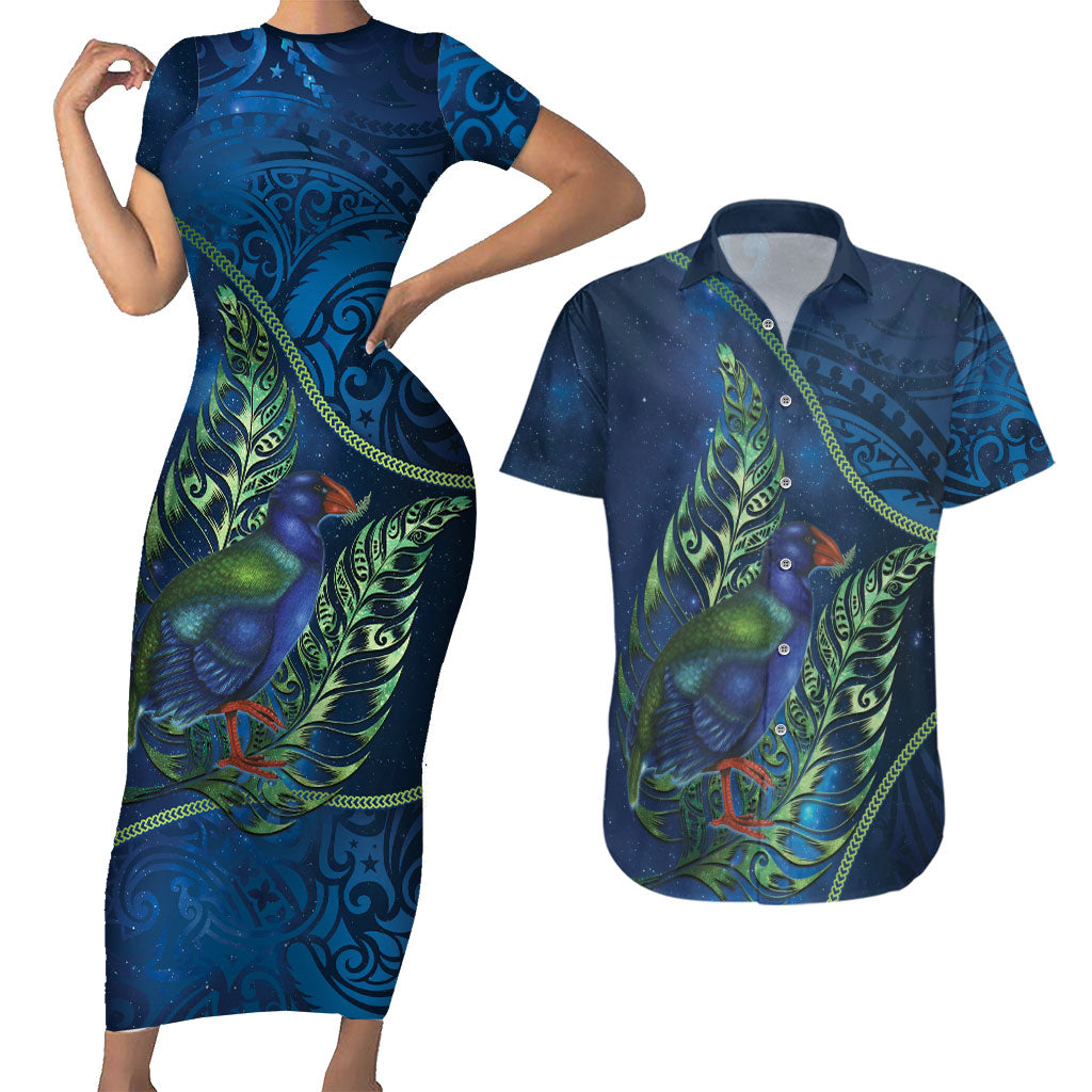 New Zealand Takahe Personalised Couples Matching Short Sleeve Bodycon Dress and Hawaiian Shirt Silver Fern Galaxy Polynesian Pattern LT22 Blue - Polynesian Pride