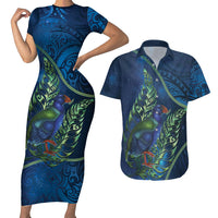 New Zealand Takahe Personalised Couples Matching Short Sleeve Bodycon Dress and Hawaiian Shirt Silver Fern Galaxy Polynesian Pattern LT22 Blue - Polynesian Pride