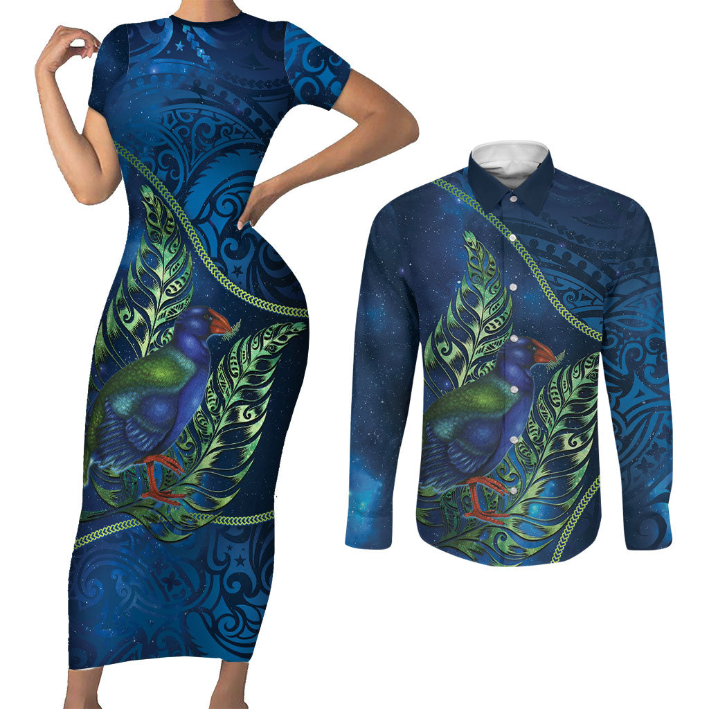 New Zealand Takahe Personalised Couples Matching Short Sleeve Bodycon Dress and Long Sleeve Button Shirt Silver Fern Galaxy Polynesian Pattern LT22 Blue - Polynesian Pride