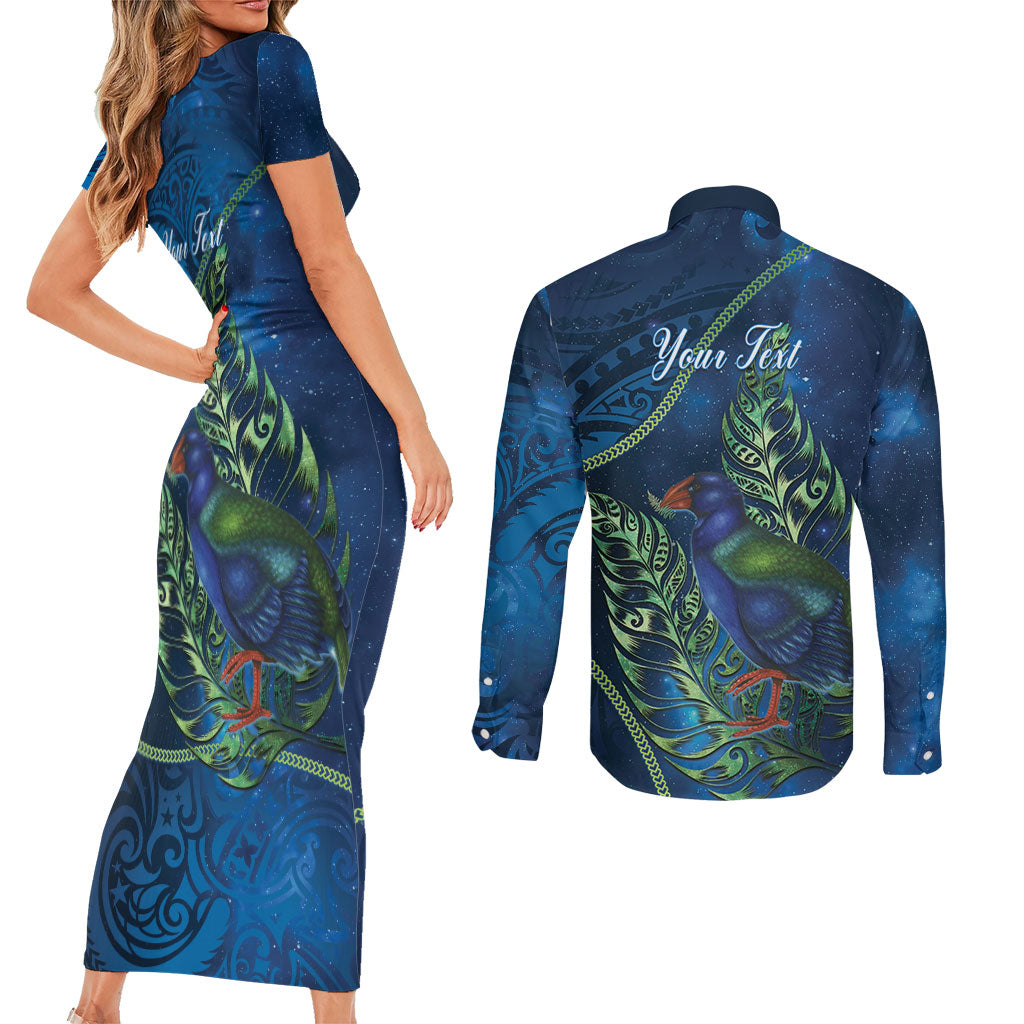New Zealand Takahe Personalised Couples Matching Short Sleeve Bodycon Dress and Long Sleeve Button Shirt Silver Fern Galaxy Polynesian Pattern LT22 - Polynesian Pride