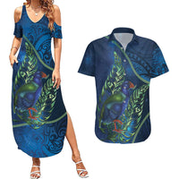 New Zealand Takahe Personalised Couples Matching Summer Maxi Dress and Hawaiian Shirt Silver Fern Galaxy Polynesian Pattern LT22 Blue - Polynesian Pride
