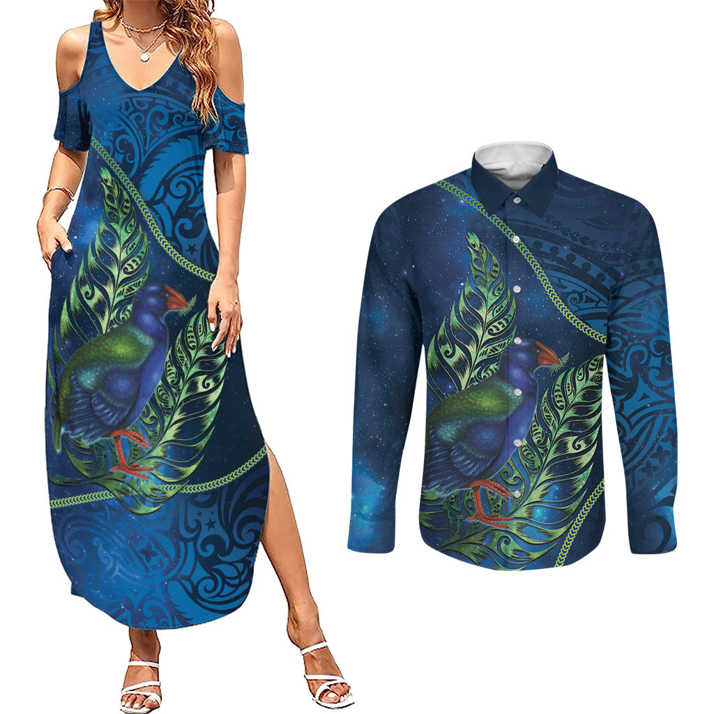 New Zealand Takahe Personalised Couples Matching Summer Maxi Dress and Long Sleeve Button Shirt Silver Fern Galaxy Polynesian Pattern LT22 Blue - Polynesian Pride