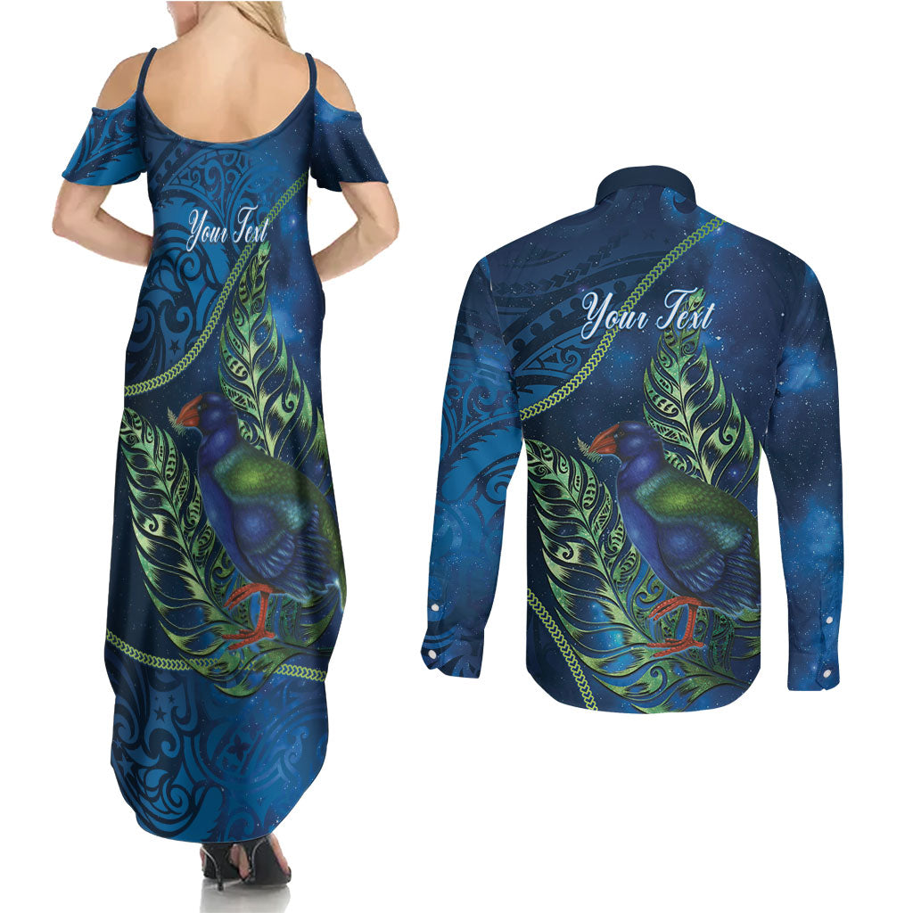 New Zealand Takahe Personalised Couples Matching Summer Maxi Dress and Long Sleeve Button Shirt Silver Fern Galaxy Polynesian Pattern LT22 - Polynesian Pride