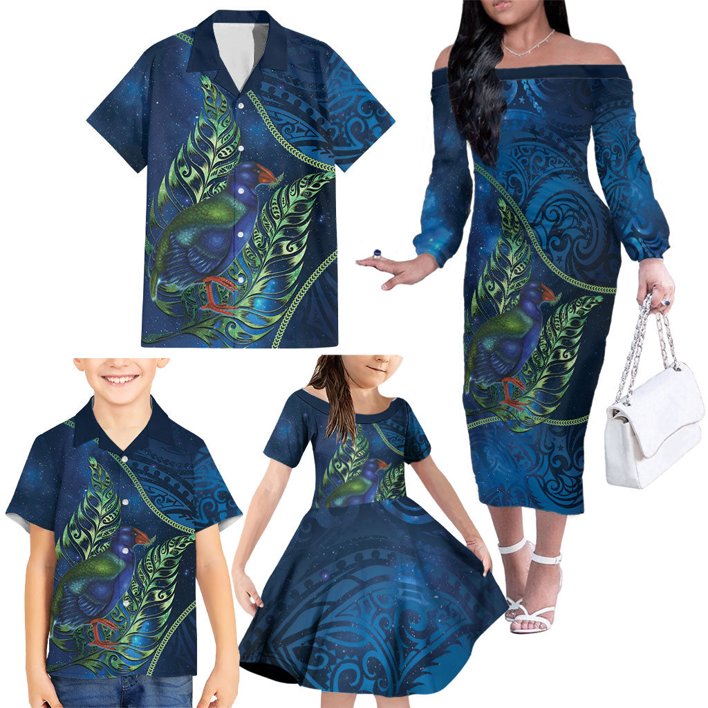 New Zealand Takahe Personalised Family Matching Off The Shoulder Long Sleeve Dress and Hawaiian Shirt Silver Fern Galaxy Polynesian Pattern LT22 - Polynesian Pride