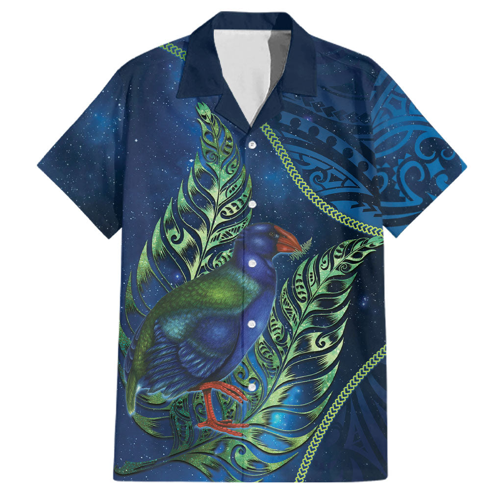 New Zealand Takahe Personalised Family Matching Puletasi and Hawaiian Shirt Silver Fern Galaxy Polynesian Pattern LT22 Dad's Shirt - Short Sleeve Blue - Polynesian Pride