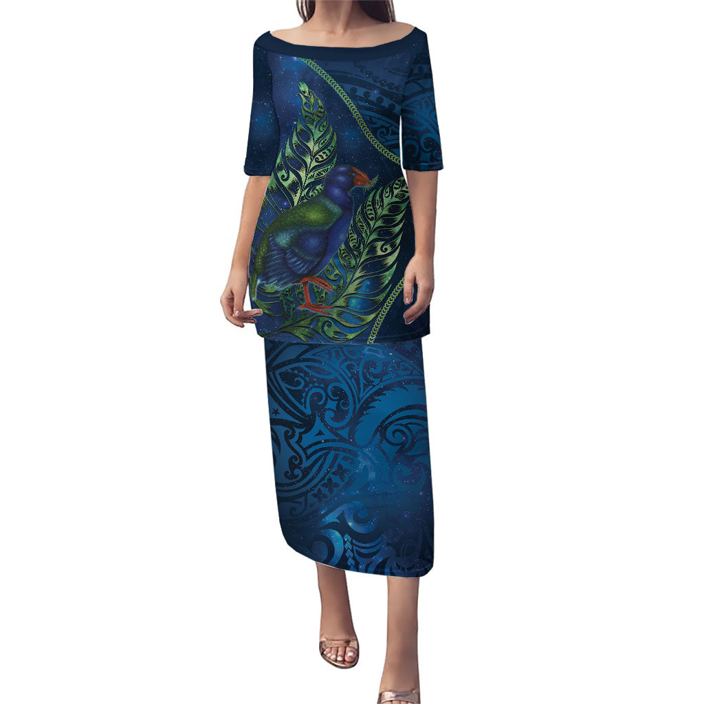 New Zealand Takahe Personalised Family Matching Puletasi and Hawaiian Shirt Silver Fern Galaxy Polynesian Pattern LT22 Mom's Dress Blue - Polynesian Pride