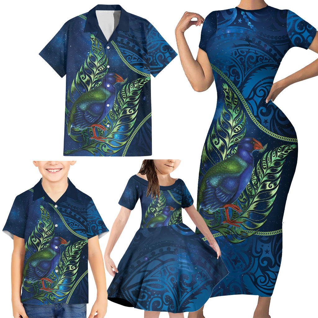 New Zealand Takahe Personalised Family Matching Short Sleeve Bodycon Dress and Hawaiian Shirt Silver Fern Galaxy Polynesian Pattern LT22 - Polynesian Pride