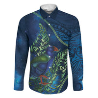 New Zealand Takahe Personalised Family Matching Summer Maxi Dress and Hawaiian Shirt Silver Fern Galaxy Polynesian Pattern LT22 Dad's Shirt - Long Sleeve Blue - Polynesian Pride