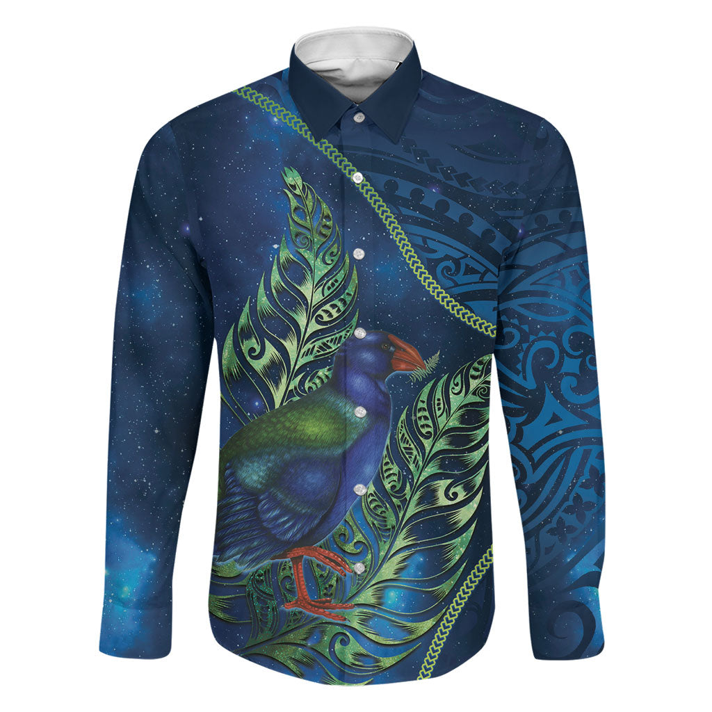 New Zealand Takahe Personalised Family Matching Tank Maxi Dress and Hawaiian Shirt Silver Fern Galaxy Polynesian Pattern LT22 Dad's Shirt - Long Sleeve Blue - Polynesian Pride