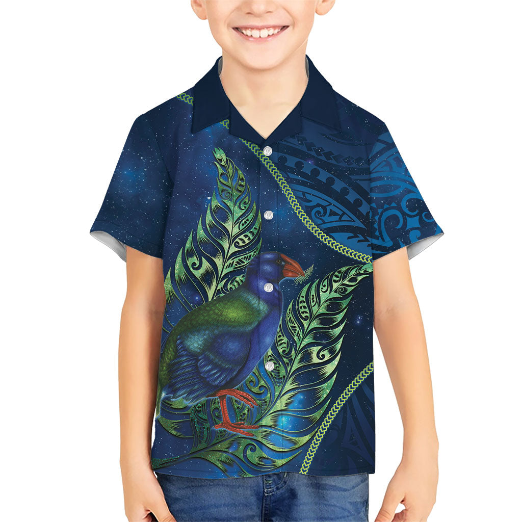 New Zealand Takahe Personalised Kid Hawaiian Shirt Silver Fern Galaxy Polynesian Pattern