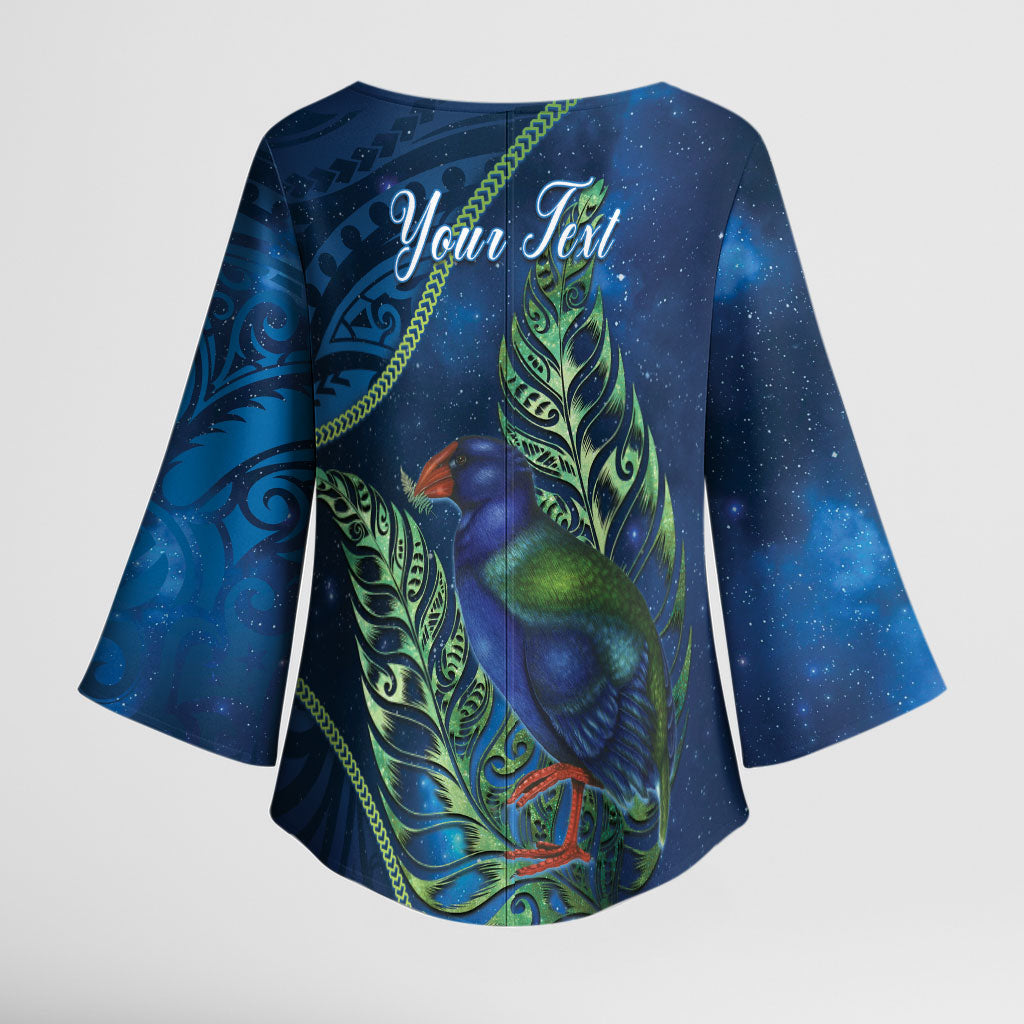 New Zealand Takahe Personalised Kimono Sleeve Blouse Silver Fern Galaxy Polynesian Pattern
