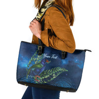 New Zealand Takahe Personalised Leather Tote Bag Silver Fern Galaxy Polynesian Pattern