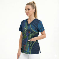 New Zealand Takahe Personalised Scrub Top Silver Fern Galaxy Polynesian Pattern