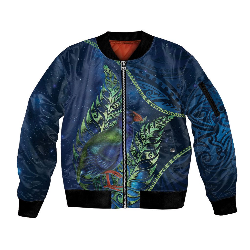 New Zealand Takahe Personalised Sleeve Zip Bomber Jacket Silver Fern Galaxy Polynesian Pattern