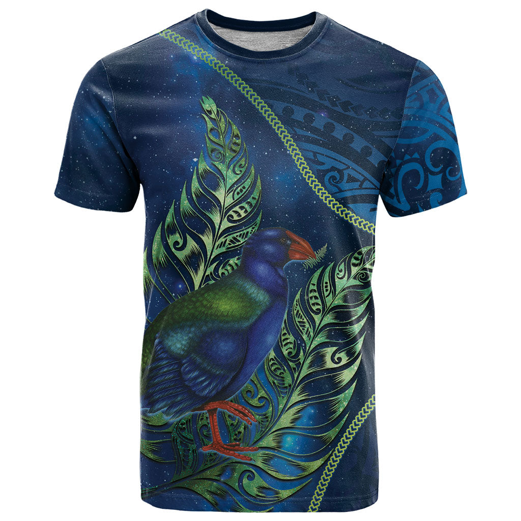 New Zealand Takahe Personalised T Shirt Silver Fern Galaxy Polynesian Pattern