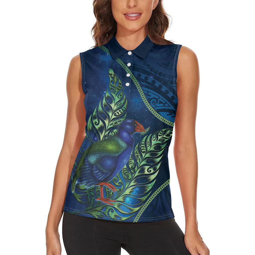 New Zealand Takahe Personalised Women Sleeveless Polo Shirt Silver Fern Galaxy Polynesian Pattern LT22 - Polynesian Pride