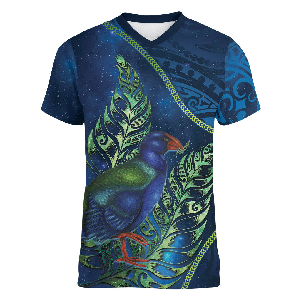 New Zealand Takahe Personalised Women V-Neck T-Shirt Silver Fern Galaxy Polynesian Pattern LT22 Female Blue - Polynesian Pride