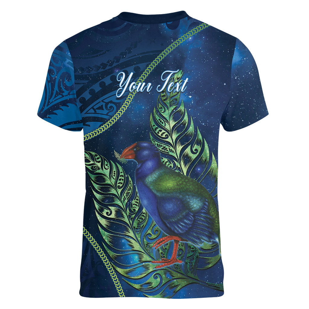 New Zealand Takahe Personalised Women V-Neck T-Shirt Silver Fern Galaxy Polynesian Pattern LT22 - Polynesian Pride