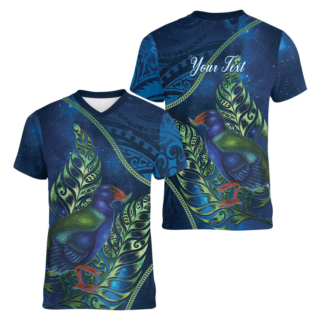 New Zealand Takahe Personalised Women V-Neck T-Shirt Silver Fern Galaxy Polynesian Pattern LT22 - Polynesian Pride