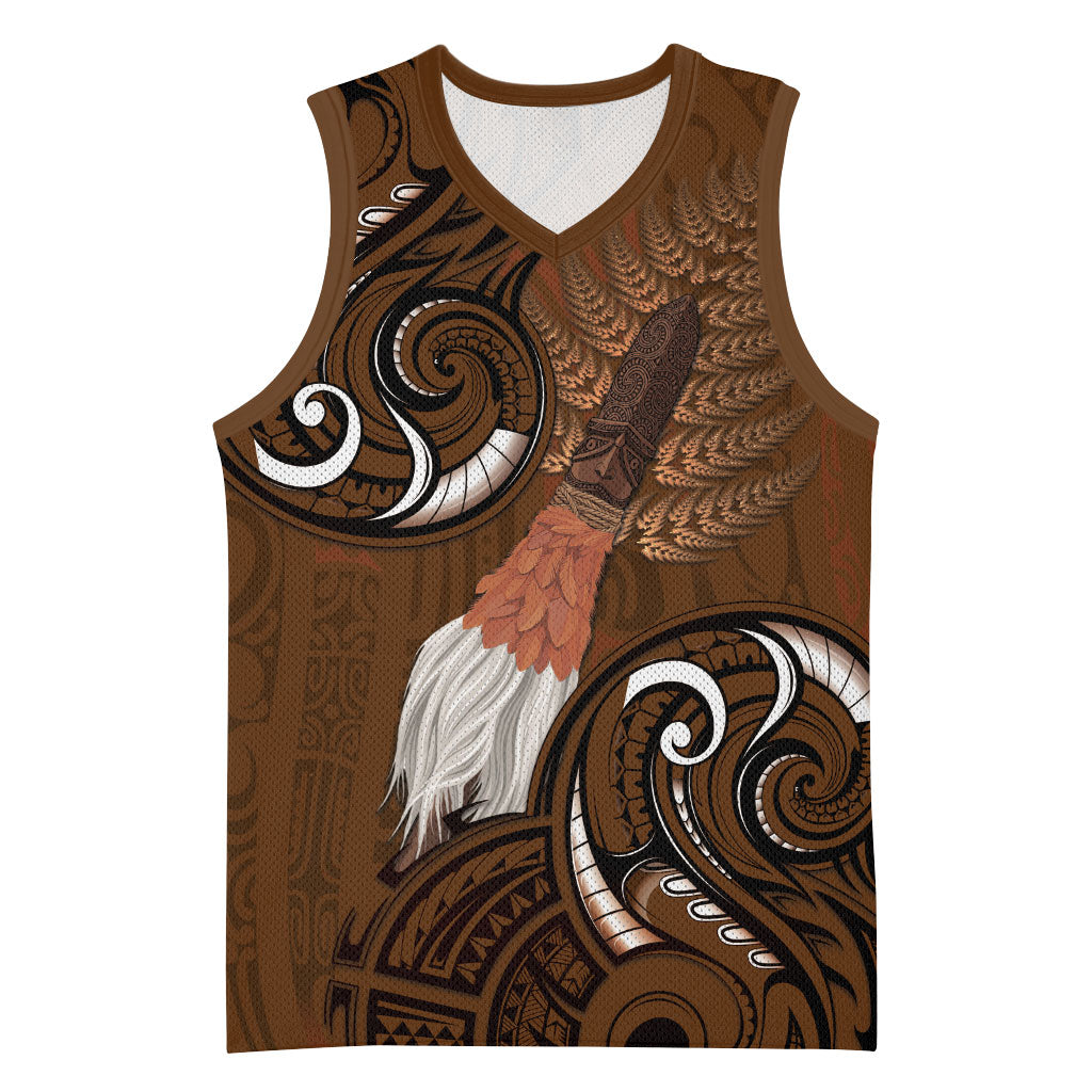 New Zealand Taiaha Basketball Jersey Maori Weapon Silver Fern Maori Pattern LT22 Unisex Brown - Polynesian Pride