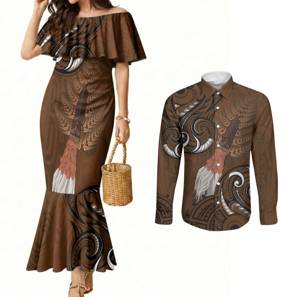 New Zealand Taiaha Couples Matching Mermaid Dress and Long Sleeve Button Shirt Maori Weapon Silver Fern Maori Pattern LT22 Brown - Polynesian Pride