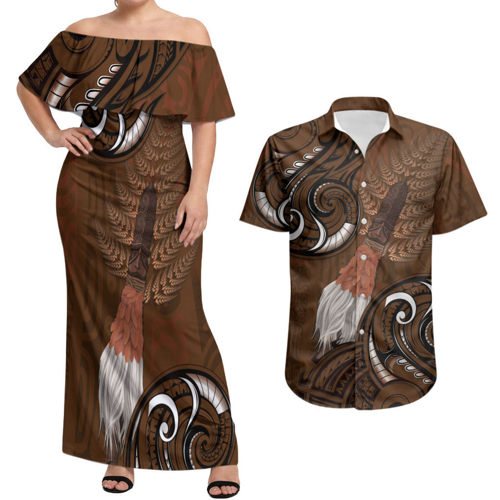 New Zealand Taiaha Couples Matching Off Shoulder Maxi Dress and Hawaiian Shirt Maori Weapon Silver Fern Maori Pattern LT22 Brown - Polynesian Pride