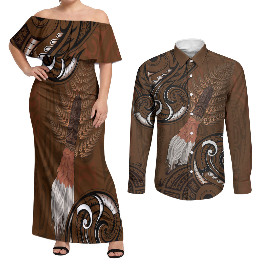 New Zealand Taiaha Couples Matching Off Shoulder Maxi Dress and Long Sleeve Button Shirt Maori Weapon Silver Fern Maori Pattern LT22 Brown - Polynesian Pride