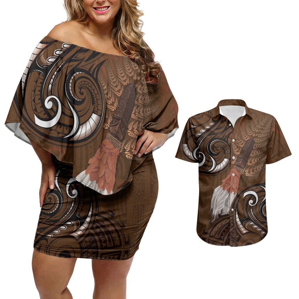 New Zealand Taiaha Couples Matching Off Shoulder Short Dress and Hawaiian Shirt Maori Weapon Silver Fern Maori Pattern LT22 Brown - Polynesian Pride