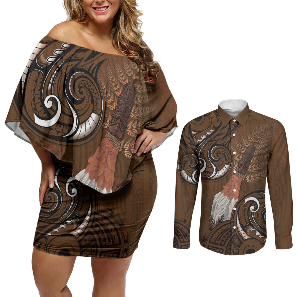 New Zealand Taiaha Couples Matching Off Shoulder Short Dress and Long Sleeve Button Shirt Maori Weapon Silver Fern Maori Pattern LT22 Brown - Polynesian Pride