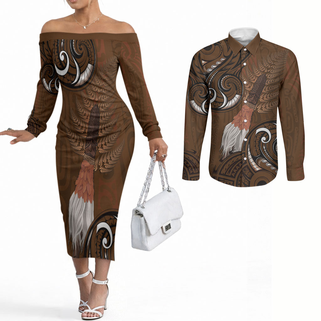 New Zealand Taiaha Couples Matching Off The Shoulder Long Sleeve Dress and Long Sleeve Button Shirt Maori Weapon Silver Fern Maori Pattern LT22 Brown - Polynesian Pride